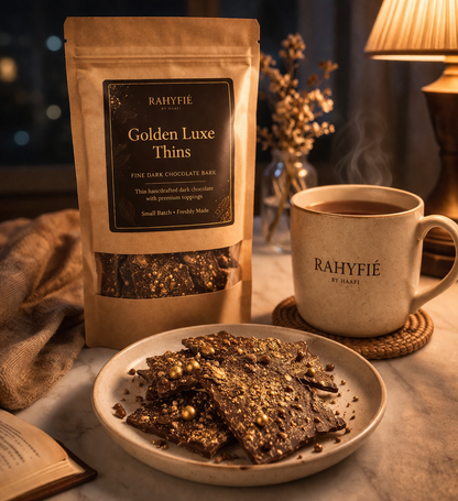 Golden Luxe Thins – Fine Dark Chocolate Bark